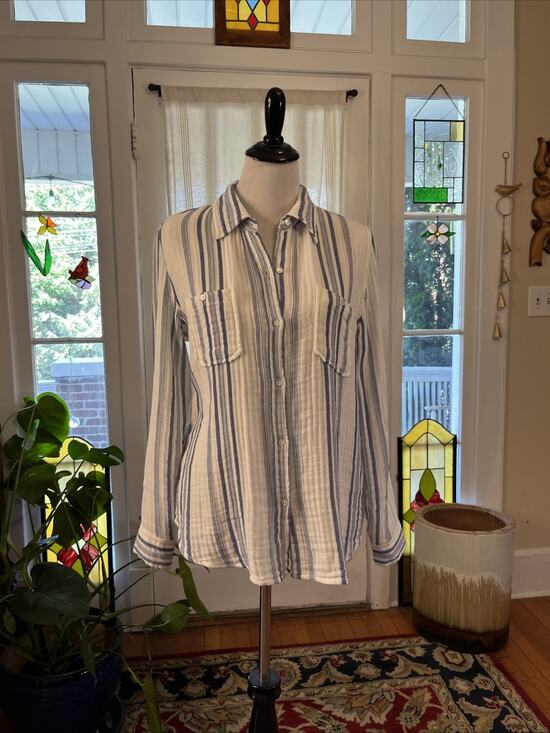 White Tops - Nili Lotan L Blue Stripe Collar Button Up Shirt 100% Cotton Classic Gauzy $350
